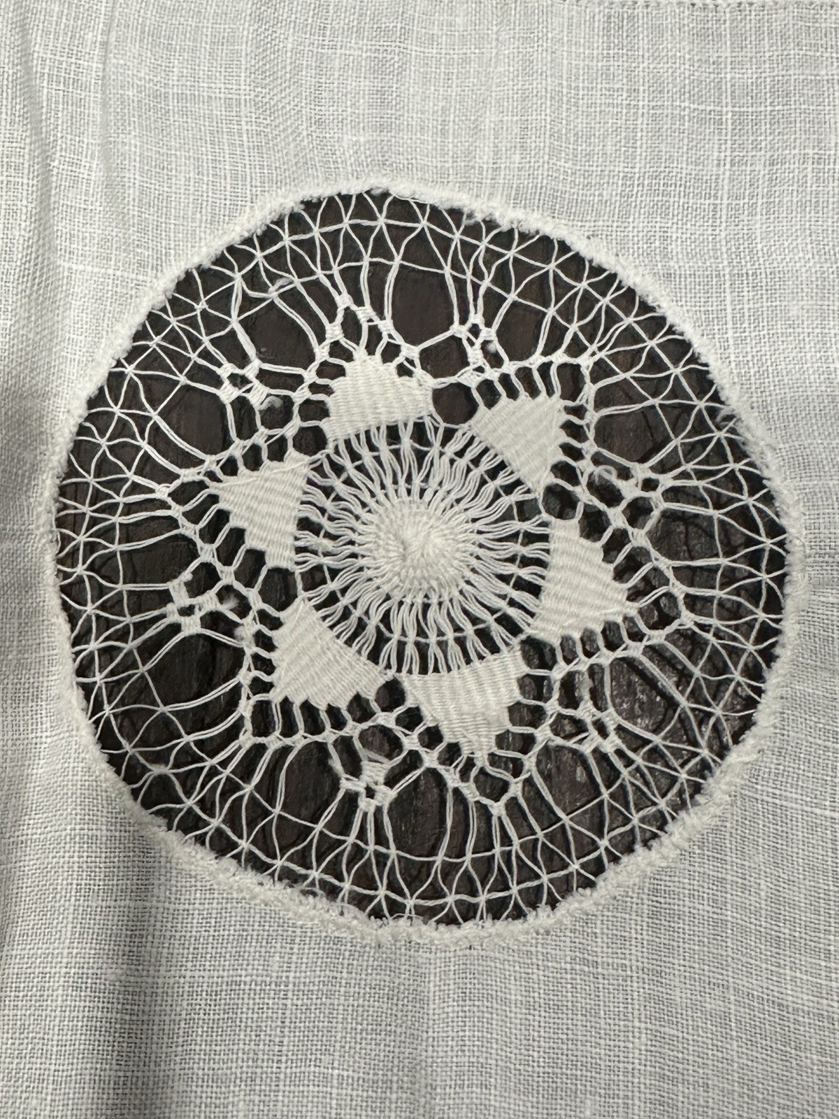 Vtg Table Topper 32” Square Wt Linen Handmade Tenerife Needle Lace Geometrics