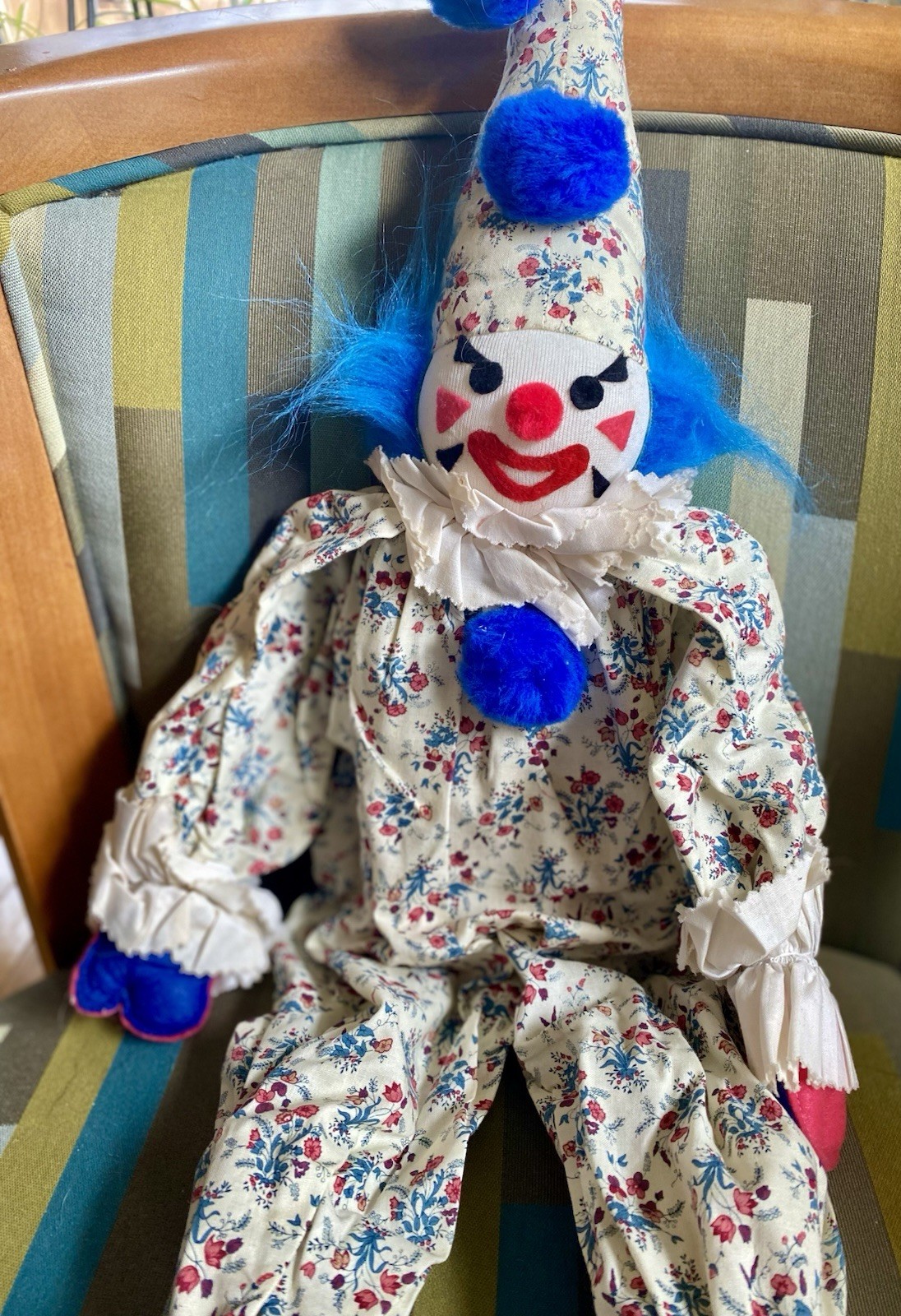 Vintage Handmade Shelf Sitter Clown Outfit Wood Block Body 22″