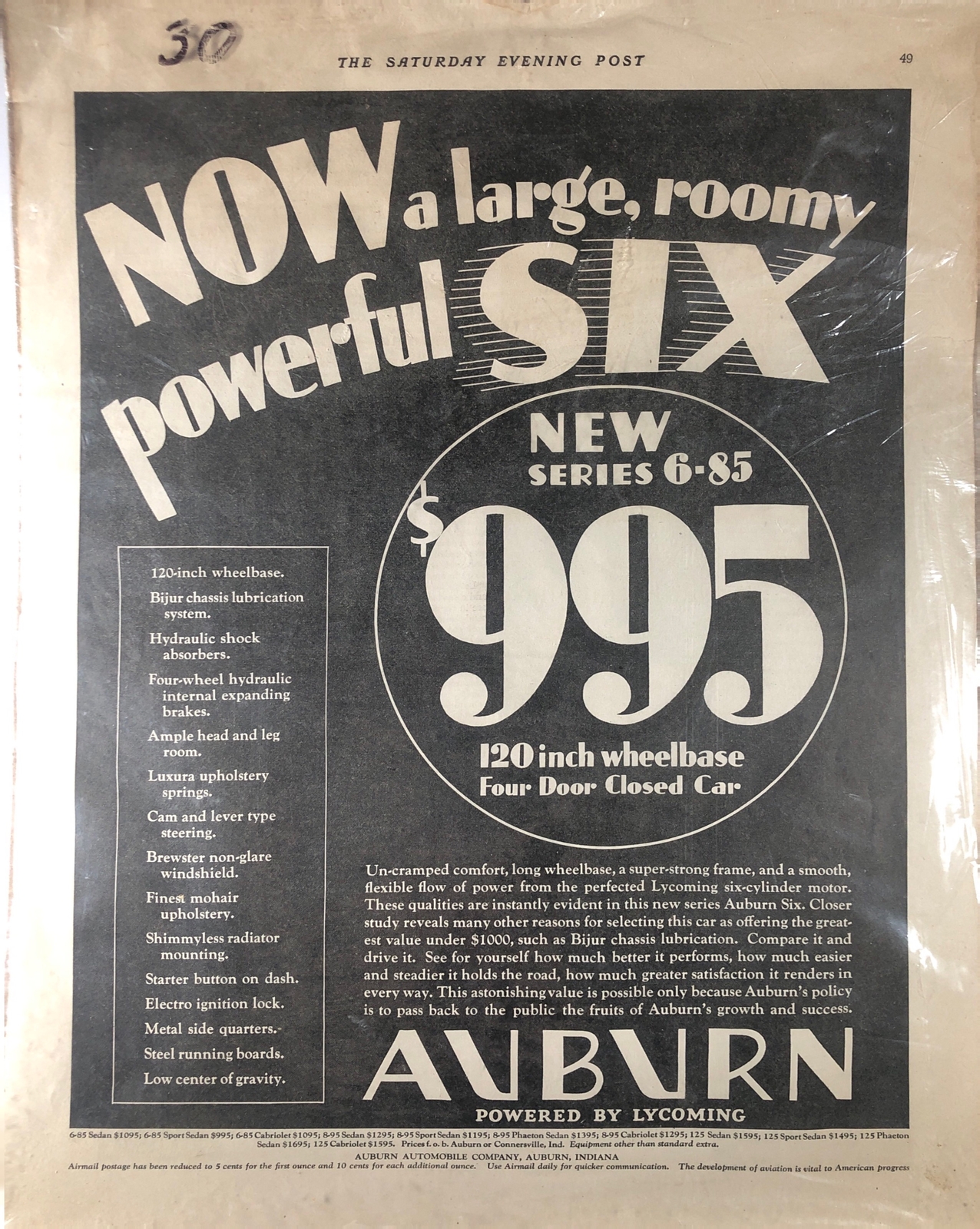 1930 Vintage Auburn Ad – NOW a large, roomy powerful SIX