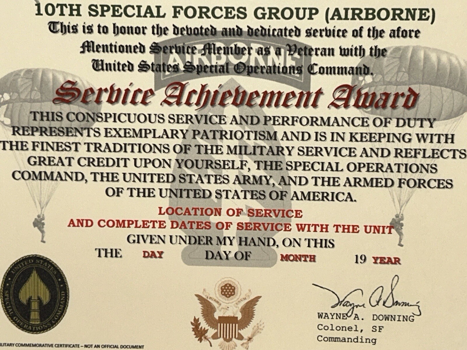 U.S. ARMY – 10TH SPECIAL FORCES GROUP (ABN) VETERAN SERVICE ACHIEVEMENT AWARD