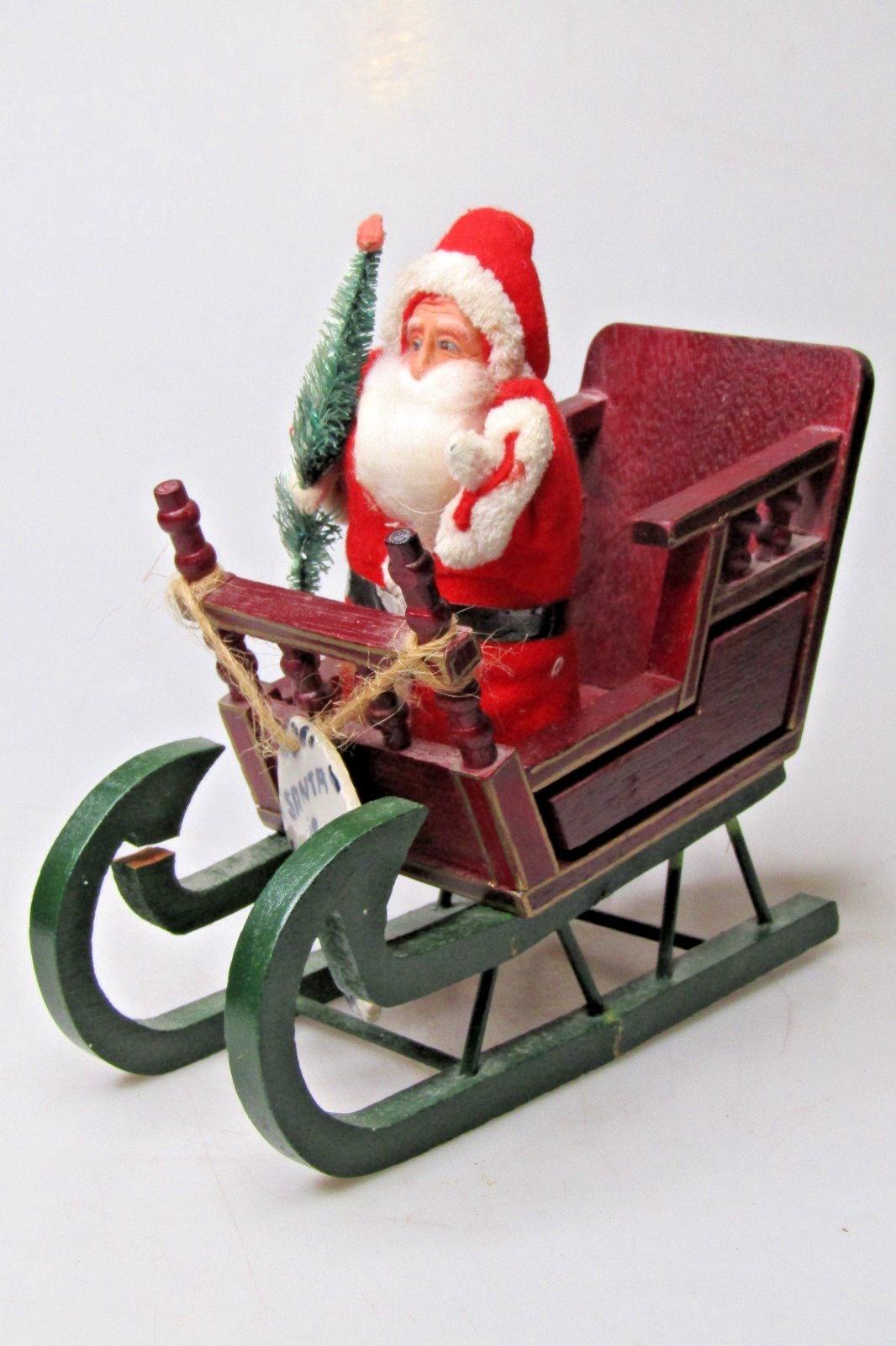 Vintage Wooden Sled SANTA w Tree Delivery Figurine Christmas Ornament Decoration
