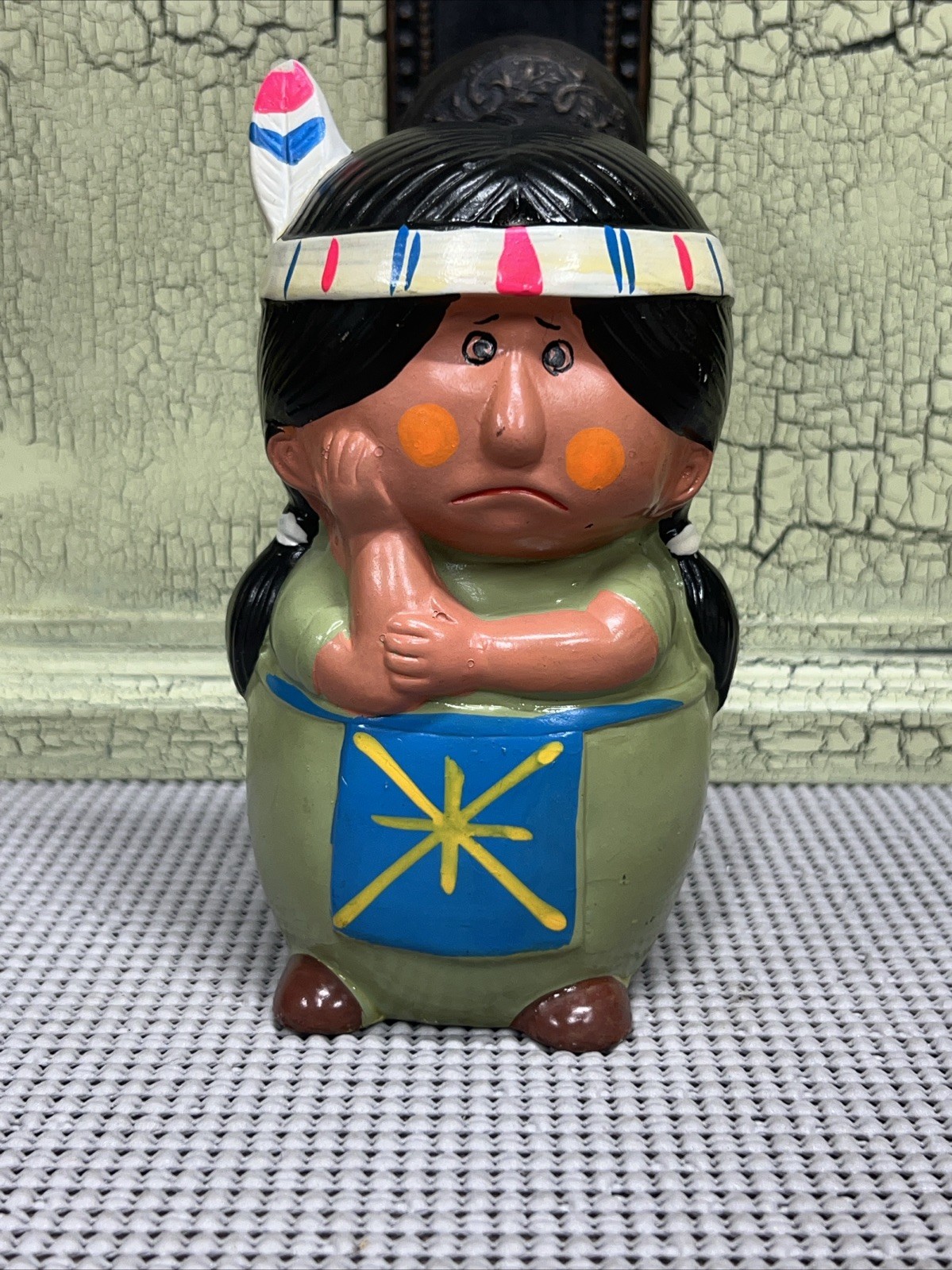 Vintage Bank Indian Chalkware No Stopper 1950s Hand painted Kitschy