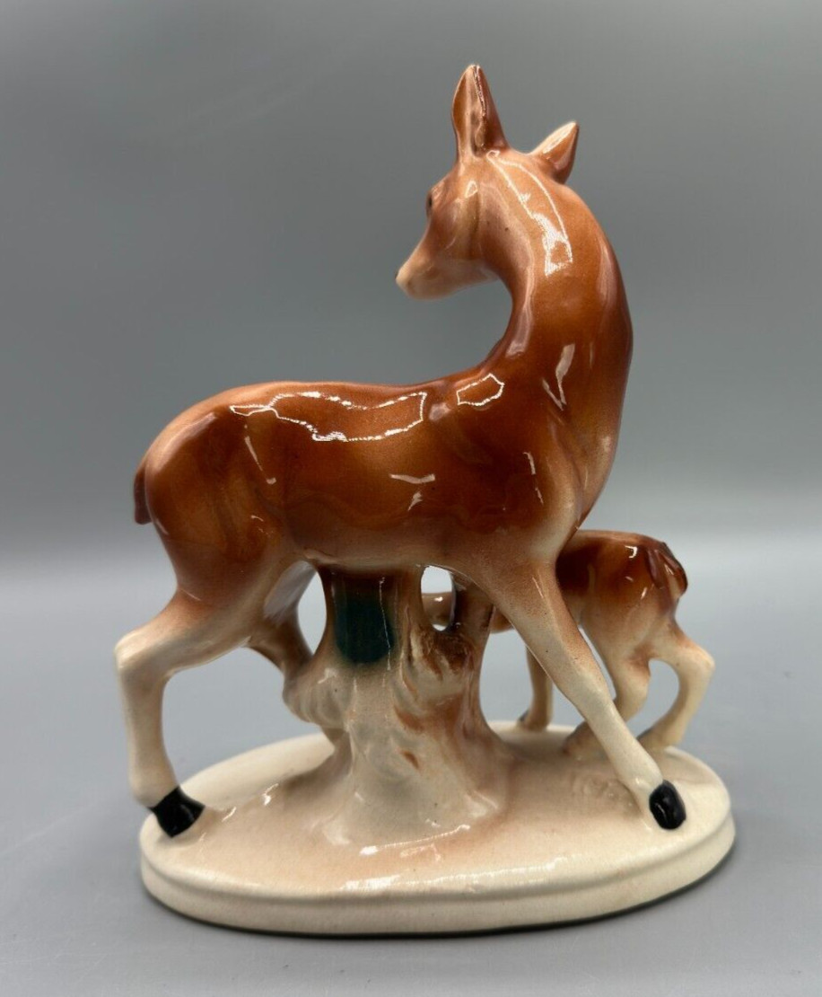 Vintage Glazed Ceramic Deer Figurine Doe and Fawn Made in Japan