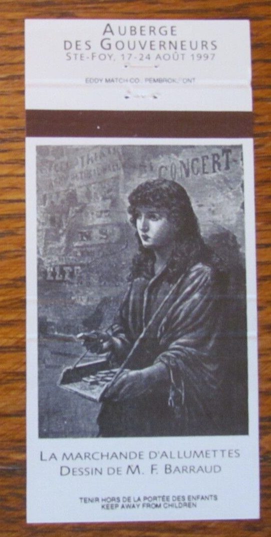 FICTIONAL CHARACTER MATCHBOOK COVER: LA MARCHANDE D’ALLUMETTES STE-FOY QUEBEC B4