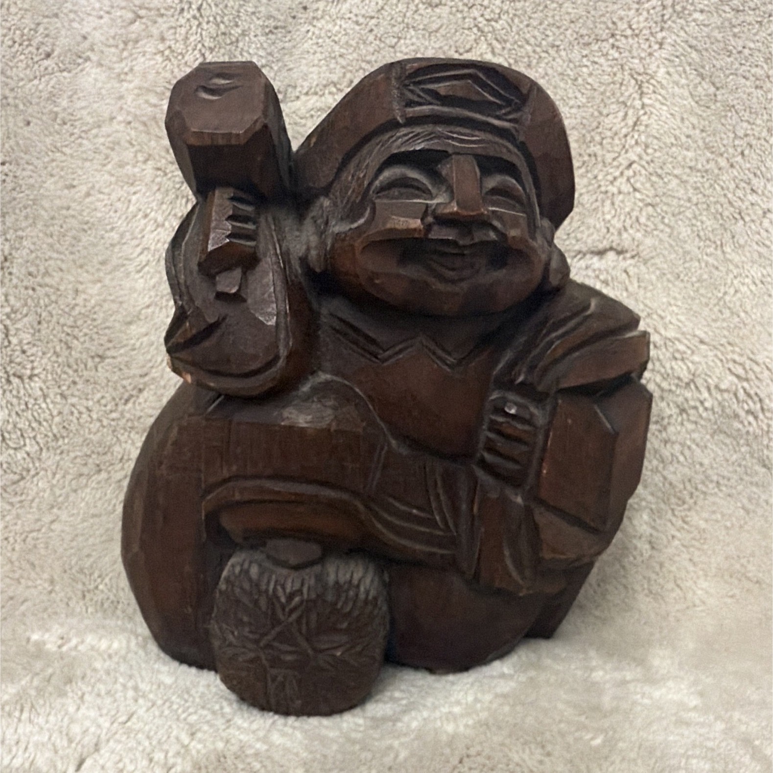 Hand Carved Wooden Figurine Man with Hammer & Barrel Brown Wood-Finished