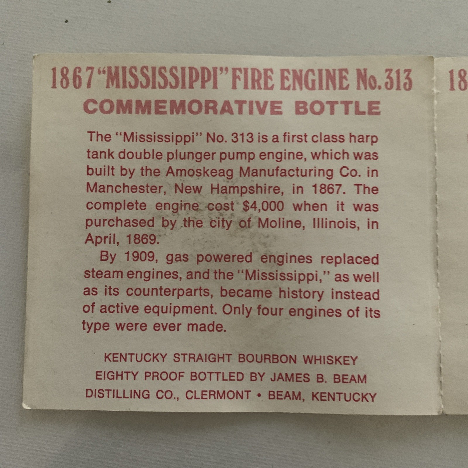 VTG Jim Beam 1867 Mississippi Fire Engine Decanter No. 313 Pamphlet Collectible