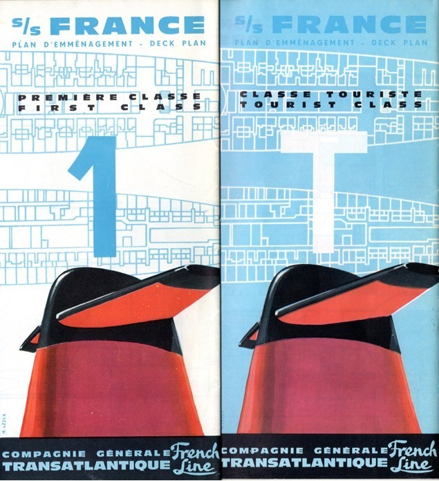 1960s S.S. FRANCE Deluxe First & Tourist Class Deck Plan Set w/ Interior Photos