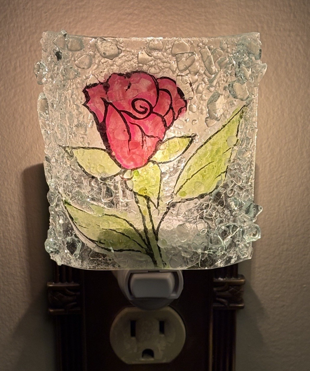 OOAK Reborn Glass. Recycled Glass Night Light Plug In Electric Pink Rose. EUC