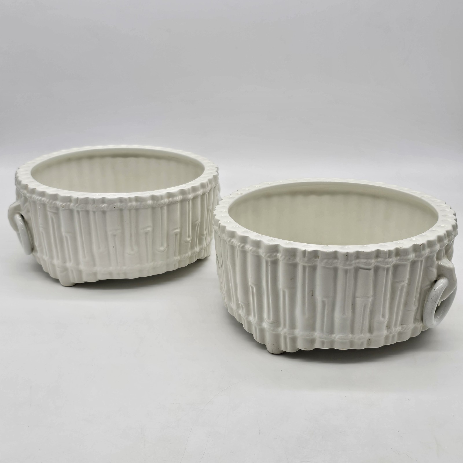 Set Of Vintage Italian Glazed Ceramic Faux Bamboo Planters with Ring Handles
