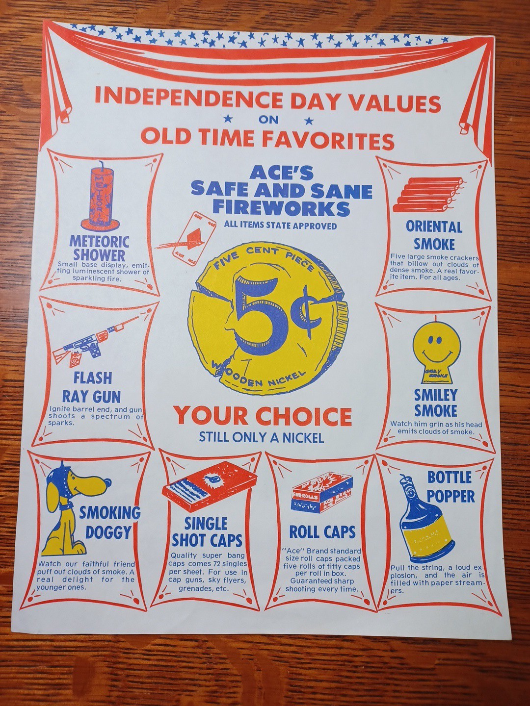 1960’s Ace’s Safe & Sane Fireworks 8 1/2″ x 11″ Paper Flyer 5 Cent Items JRR52