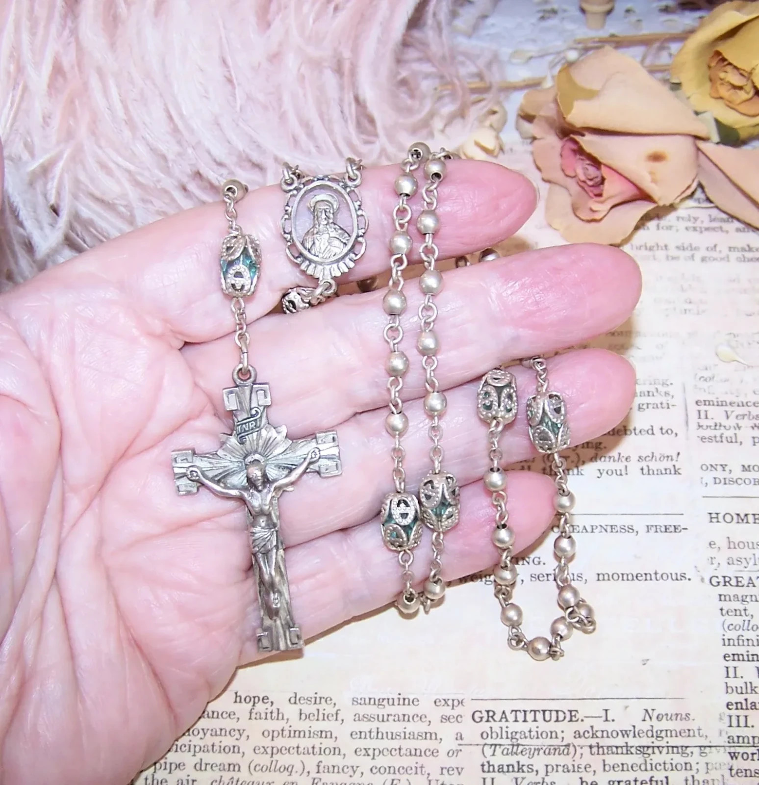 CREED Sterling Silver Blue Crystal Religious Rosary – Adult Size