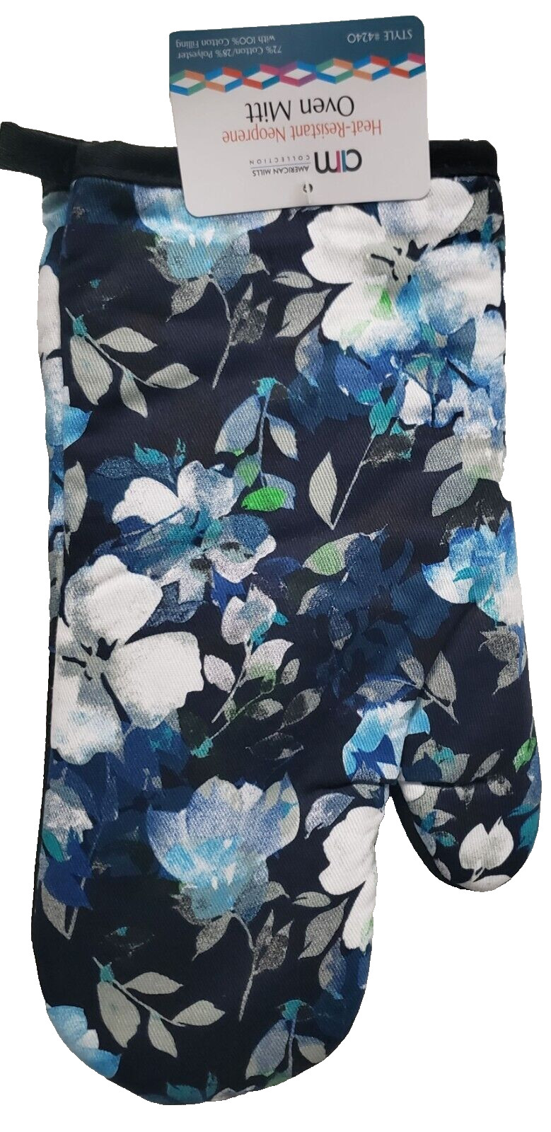 1 Kitchen Heat Resistant Oven Mitt (12″) W/NEOPRENE,FLOWERS & LEAVES ON BLACK,AM