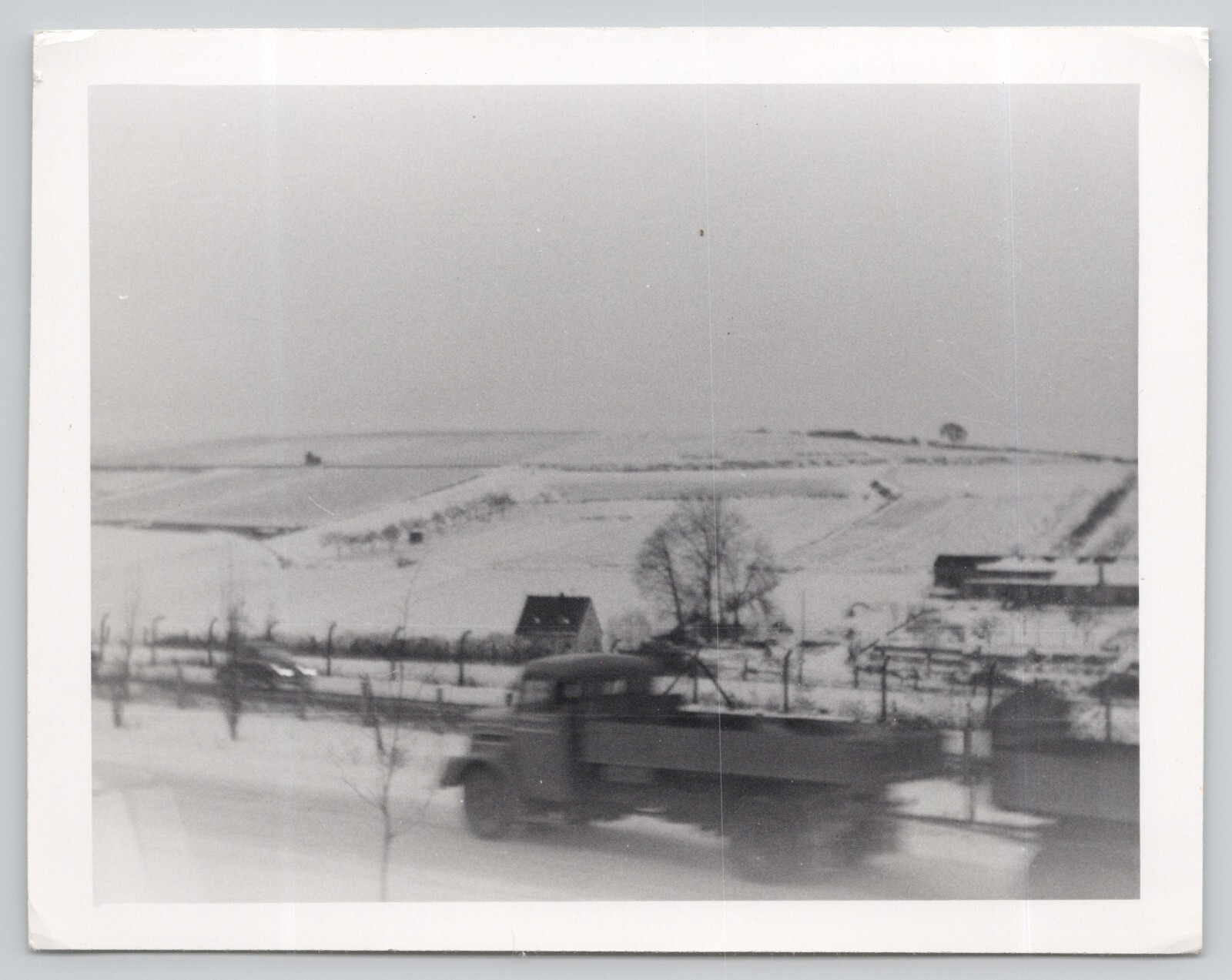 Vintage Photo Snowy Road Flat Bed Truck Blur Fog c1940s