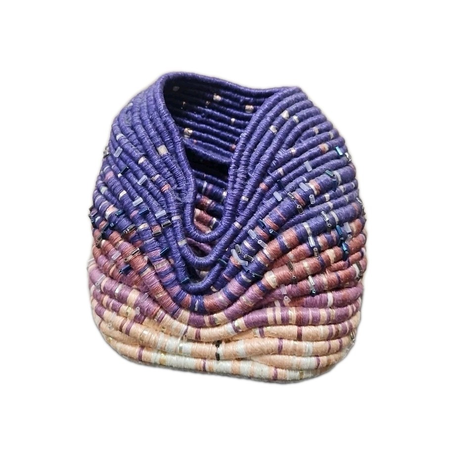 Handmade Rope Coil Basket Vase Pink Purple Sunset Drip Beaded Figural 5.5″