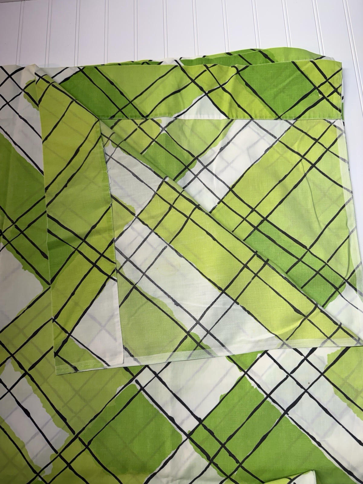 Vera By Burlington Green White Black Painted Plaid Hatch Full Flat Sheet 70s VTG