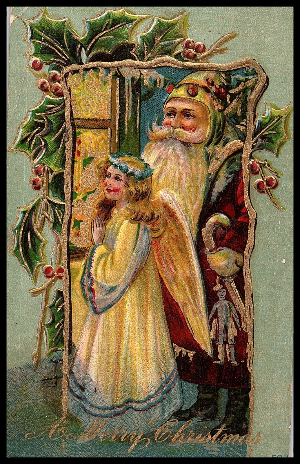 C1910 Santa Angel in Door Gild Gold Frame Christmas Cane Holly Antique Postcard