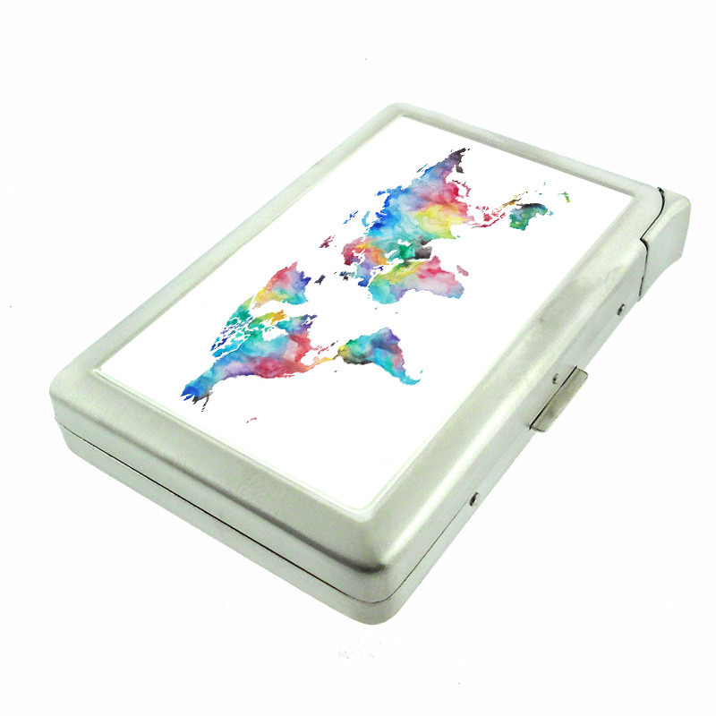 Global Map Em2 100’s Size Cigarette Case with Built in Lighter Metal Wallet