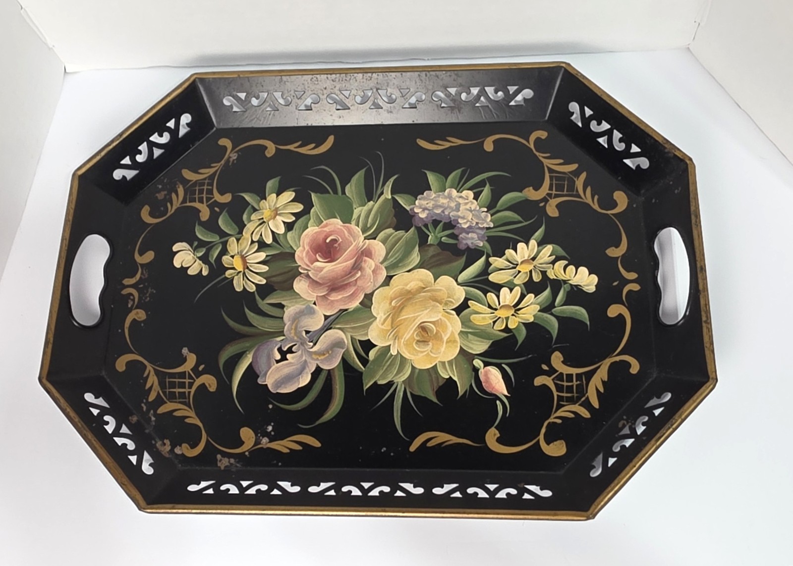 Vtg Nashco Hand Painted Tole Floral Black Octagon Pierced Metal Serving Tray