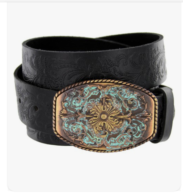 Western Floral Engraved Patina Buckle torquoise bronze