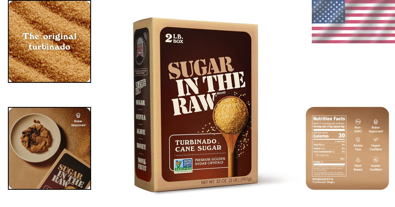 All-Natural Turbinado Sugar 32oz Box Non-GMO Kosher Gluten Free Crystals