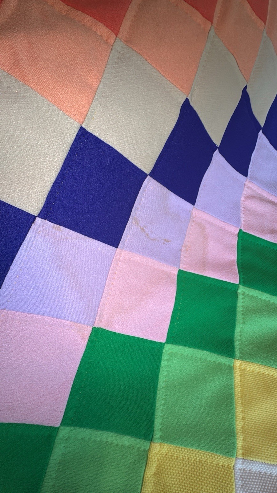 Vtg 70s Handmade Hand Stitched Funky Hippie Poly Patchwork Queen Quilt 99” x 81”