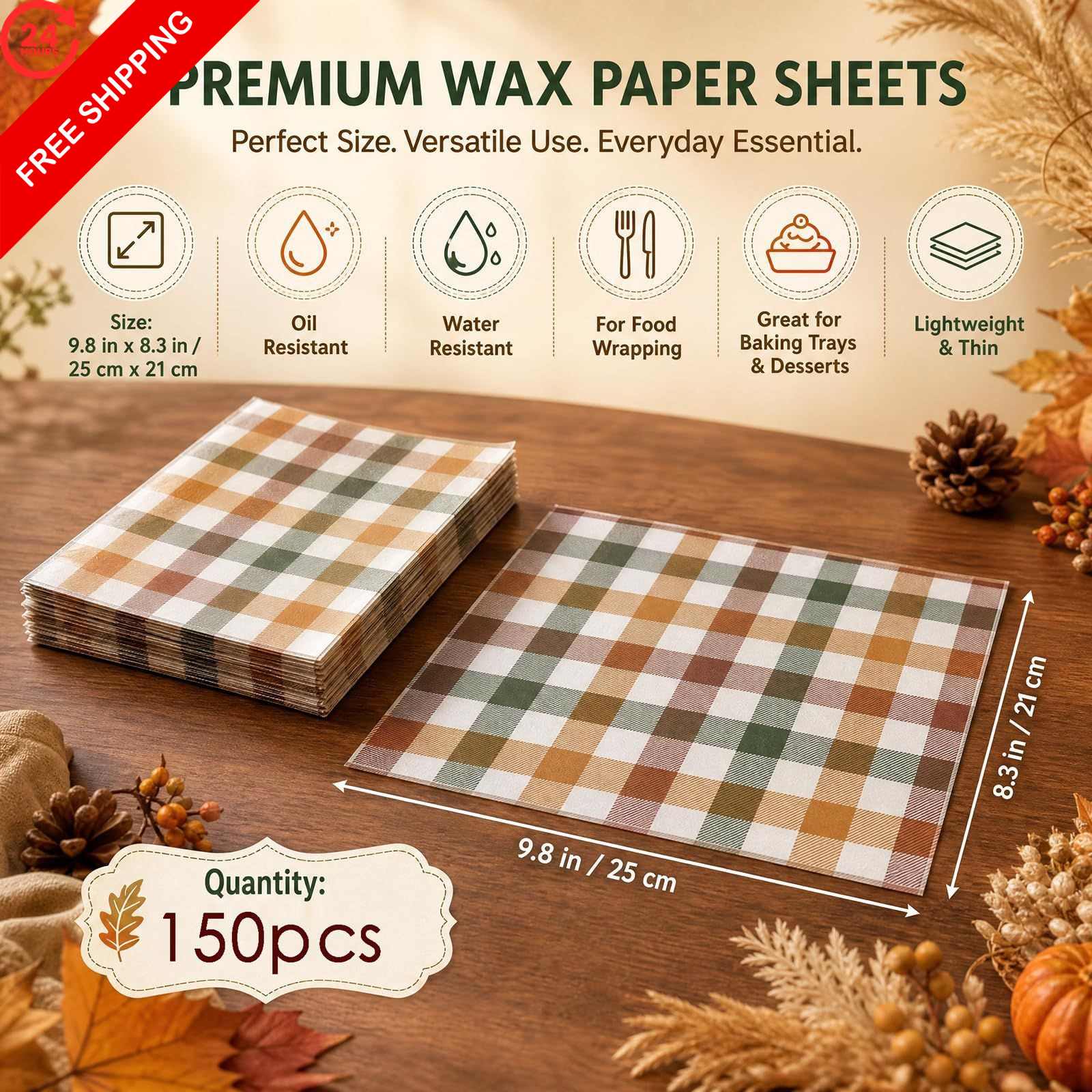 150 Sheets Fall Buffalo Plaids Wax Paper for Food Deli, 9.8 x 8.3 inch,