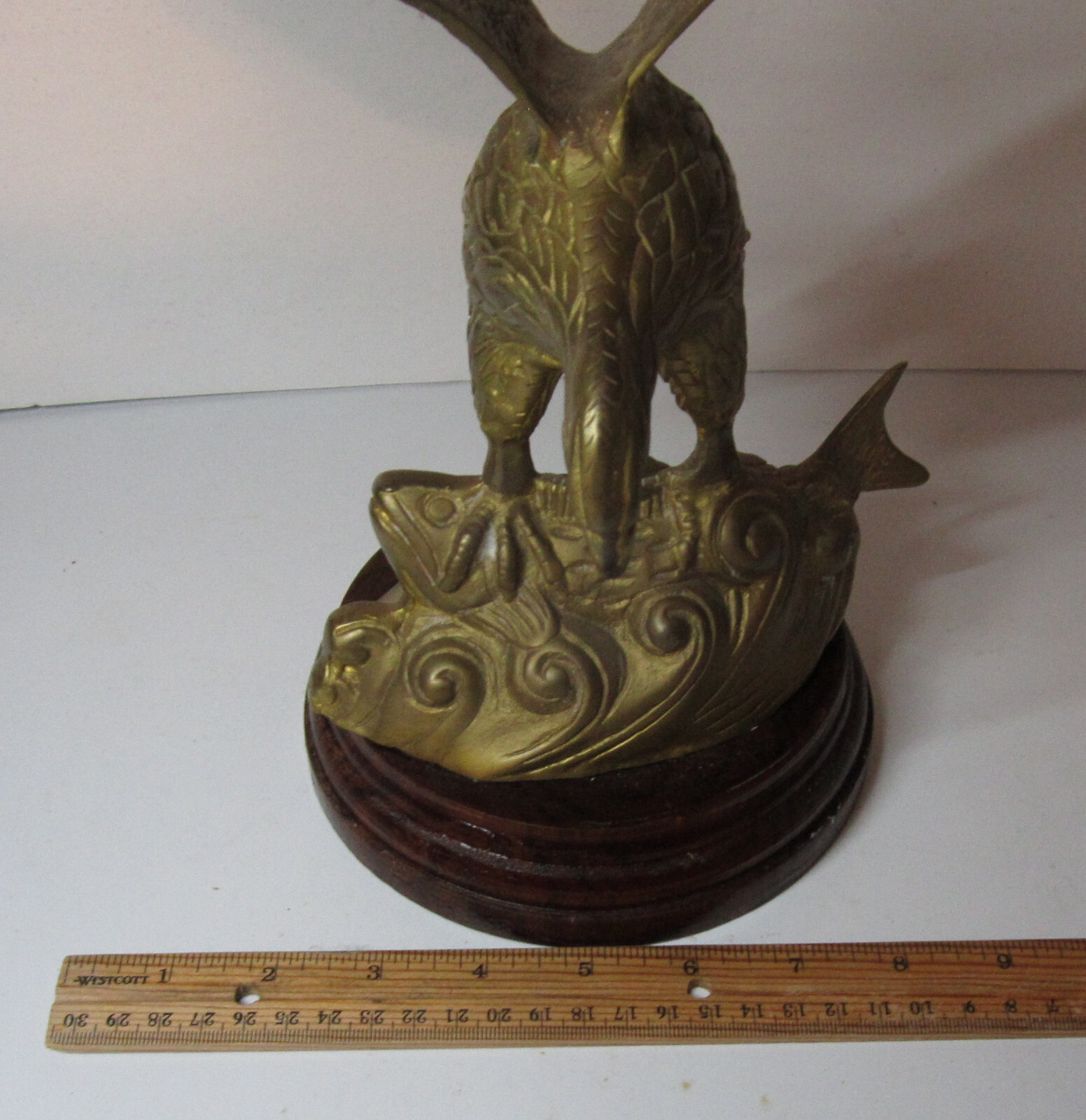 Large Brass Eagle Catching Fish Statue 11″ Wing Span India 4.2 Pounds India