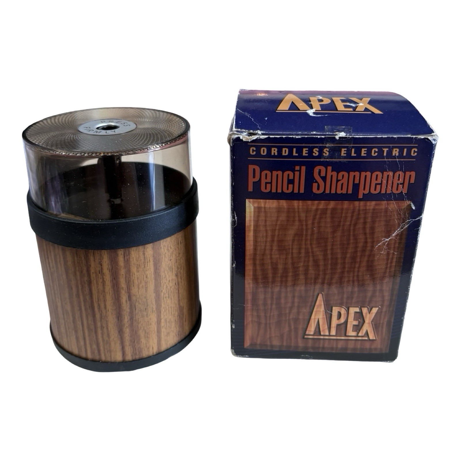 Vintage Apex Cordless Electric Pencil Sharpener in box. Wood Look. 1990s