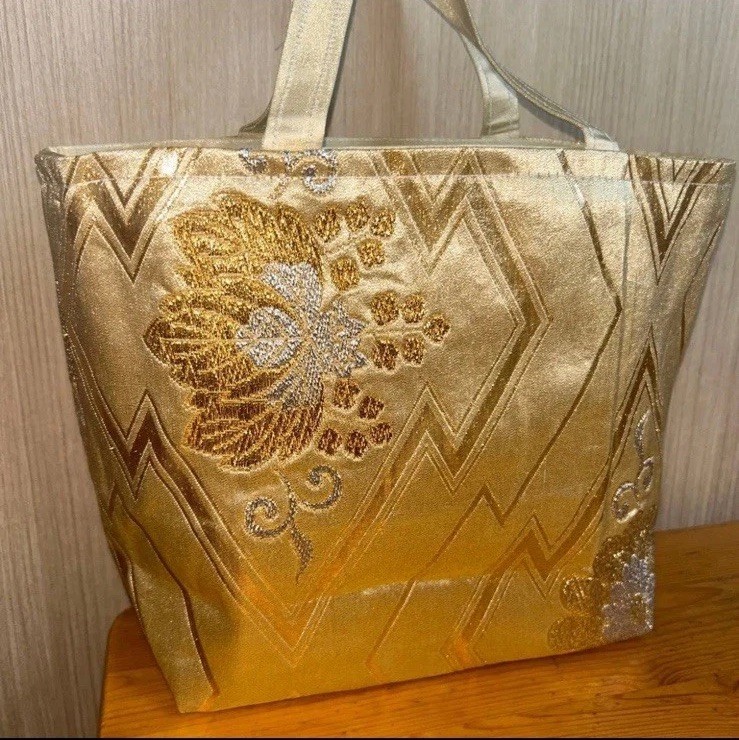 Handmade Japanese Obi Tote Bag Geometric Gold Formal Purse Synthetic Silk Unique