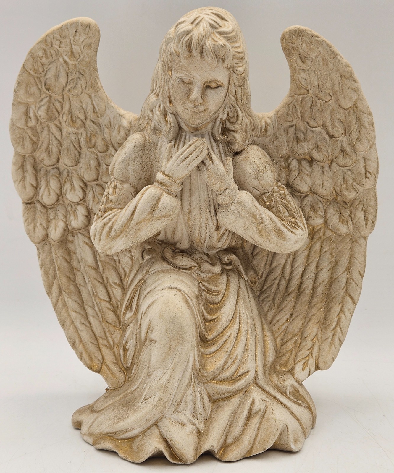 Creepy Winged Kneeling Angel Porcelain Figurine Beige Gold Glitter 7.75″
