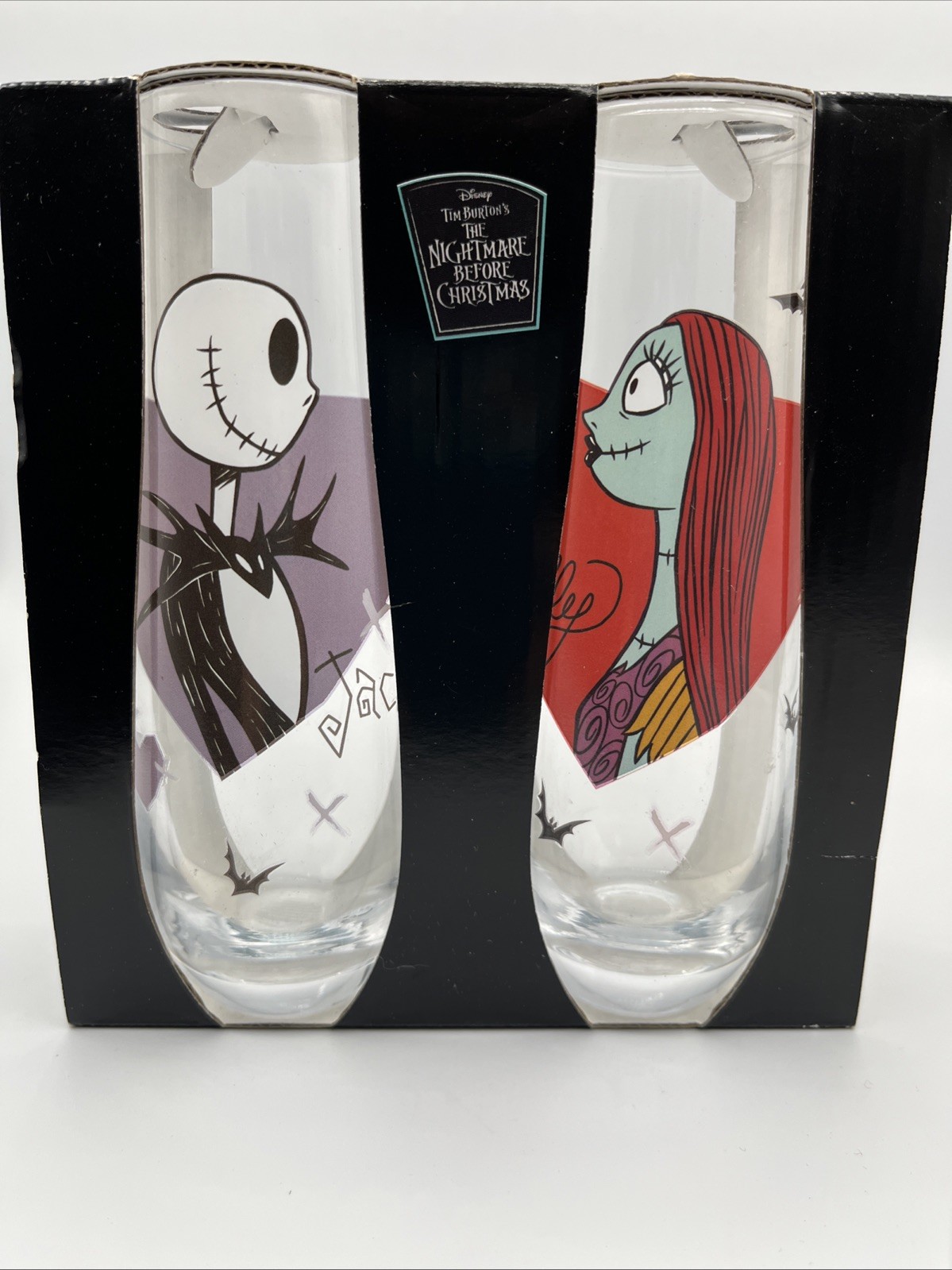 2 Oblong Glasses Nightmare Before Christmas Jack and Sally Barware 9 oz New In B