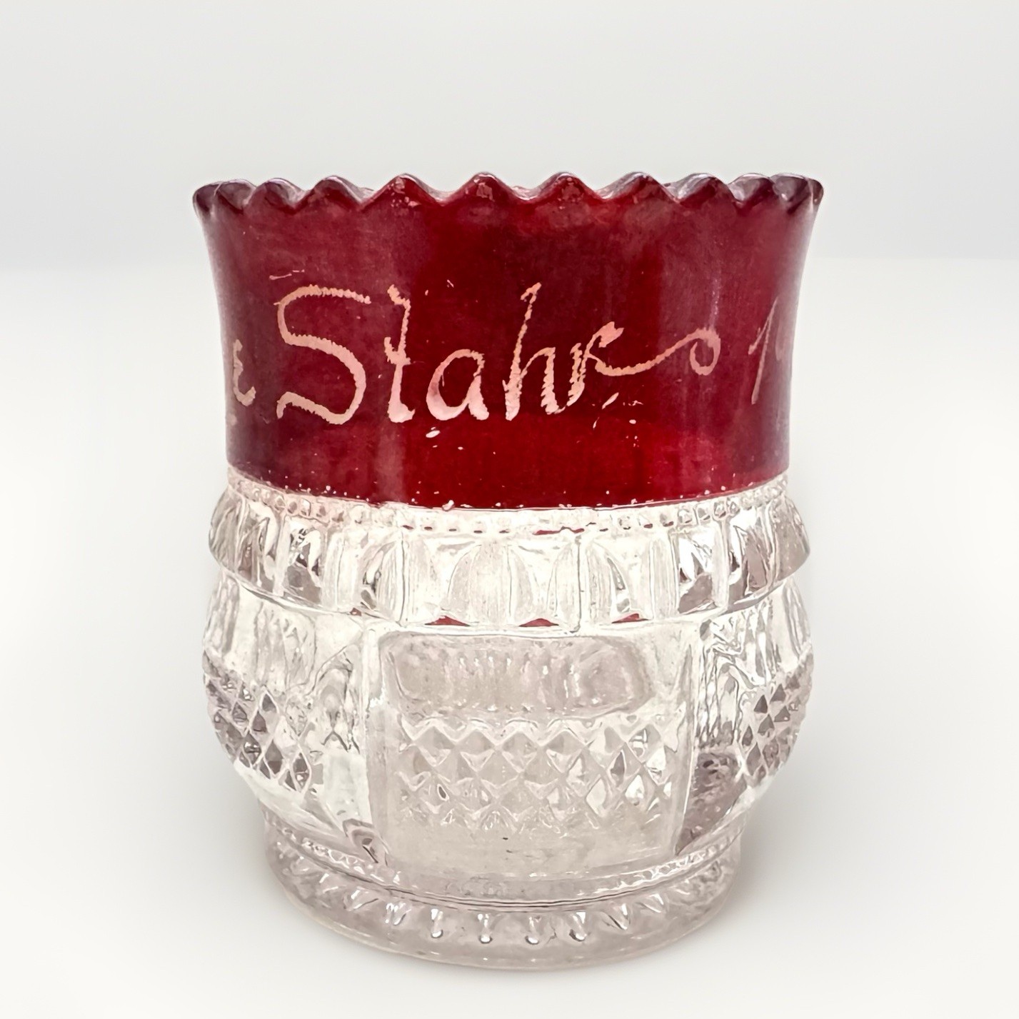 Antique 1906 Ruby Red Flash Glass Toothpick/Matchstick Holder Hand Etched