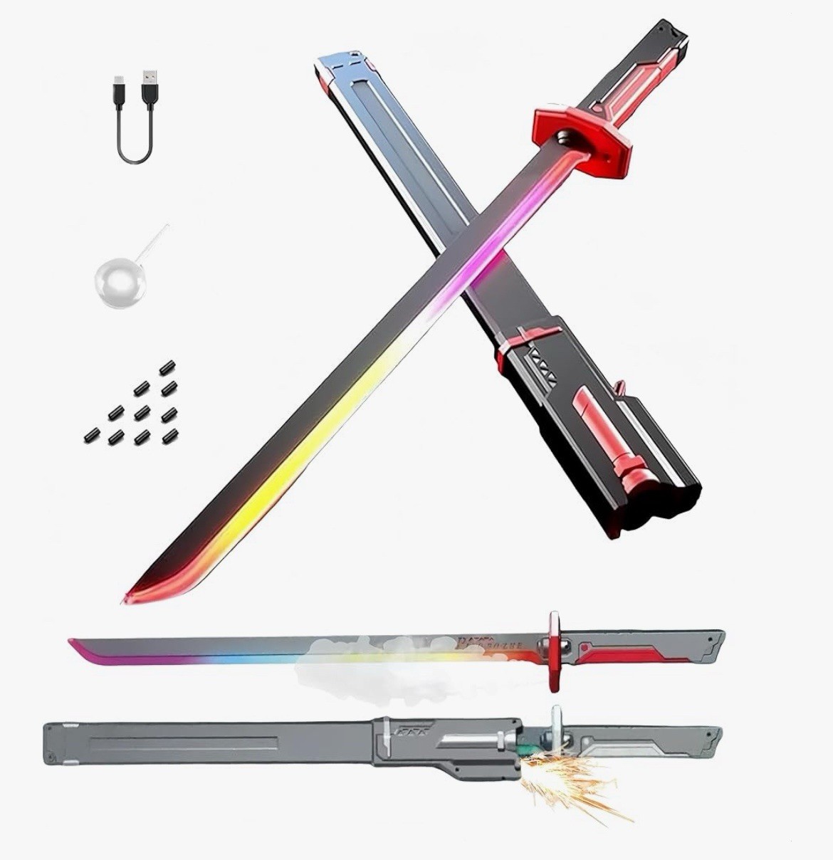 LED Spark Effect Sword Sparks & Smoke 31.5in Cosplay Multicolored Lights Sword
