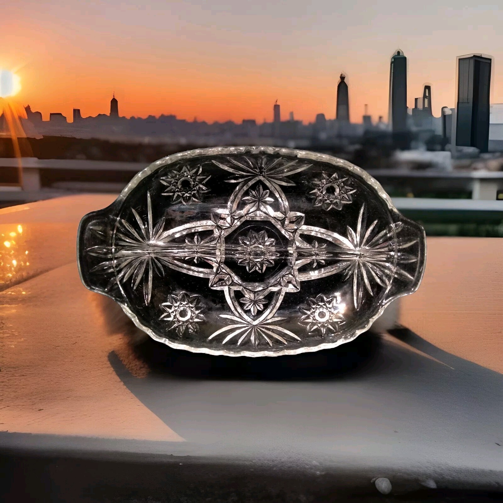 Anchor Hocking Star of David Cut Glass Oblong Divided 6×10 Relish Dish 1960s
