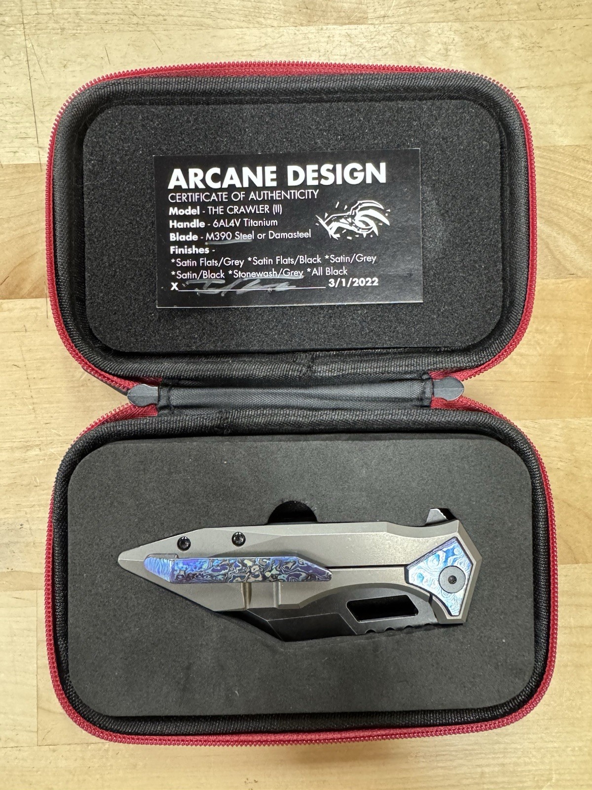 Arcane Design Knife Co Crawler Titanium w Zircuti Darkwashed M390 Wharncliffe