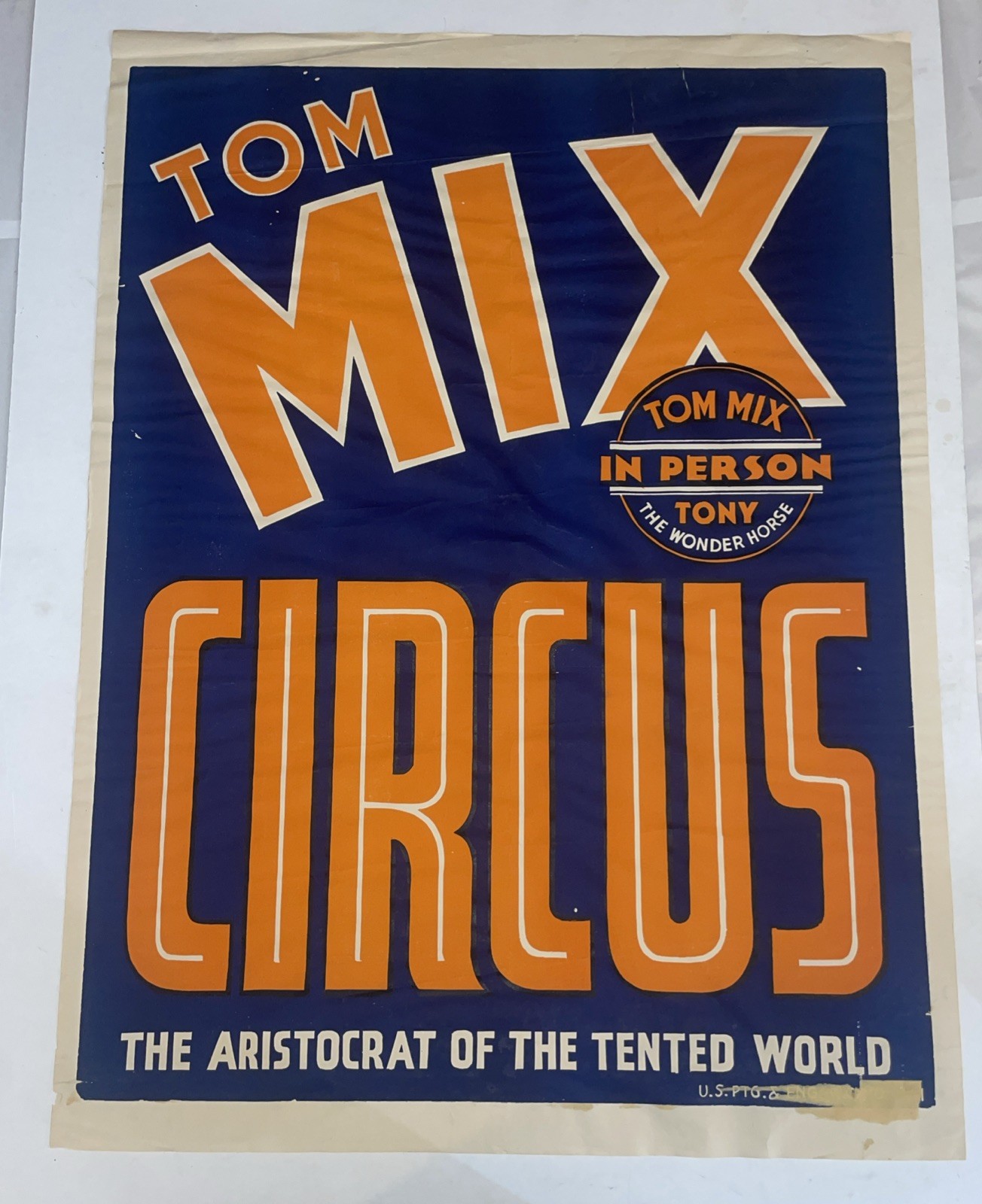 Vintage Original 28×21 inch Tom Mix Circus Poster Blue/Orange