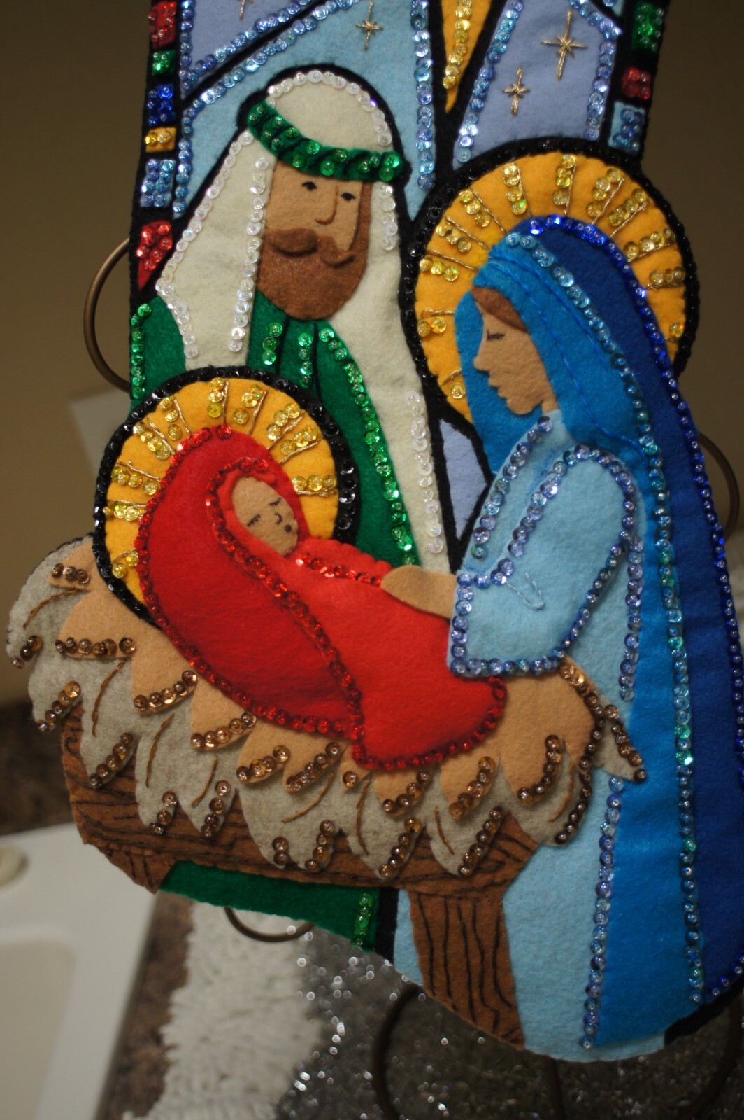 BUCILLA CHRISTMAS STOCKING-COMPLETED-“NEW BORN KING”