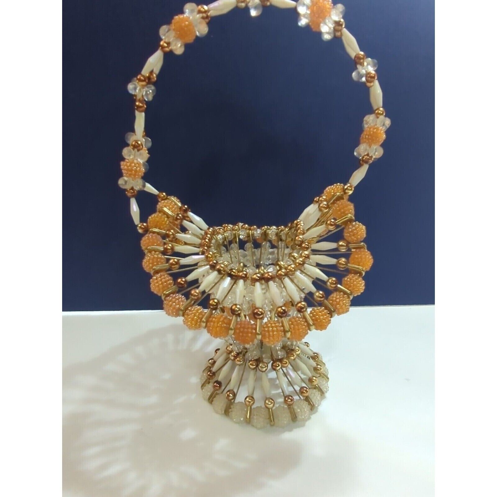 Vintage Handmade MCM Safety Pin Basket Orange,Clear,Gold, Irides Beaded Ruffled