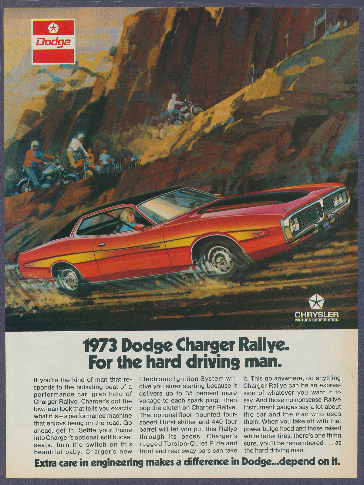 Red with Stripe Dodge Charger Rallye 440 4 Barrel 4-Speed Vintage Print Ad 1973