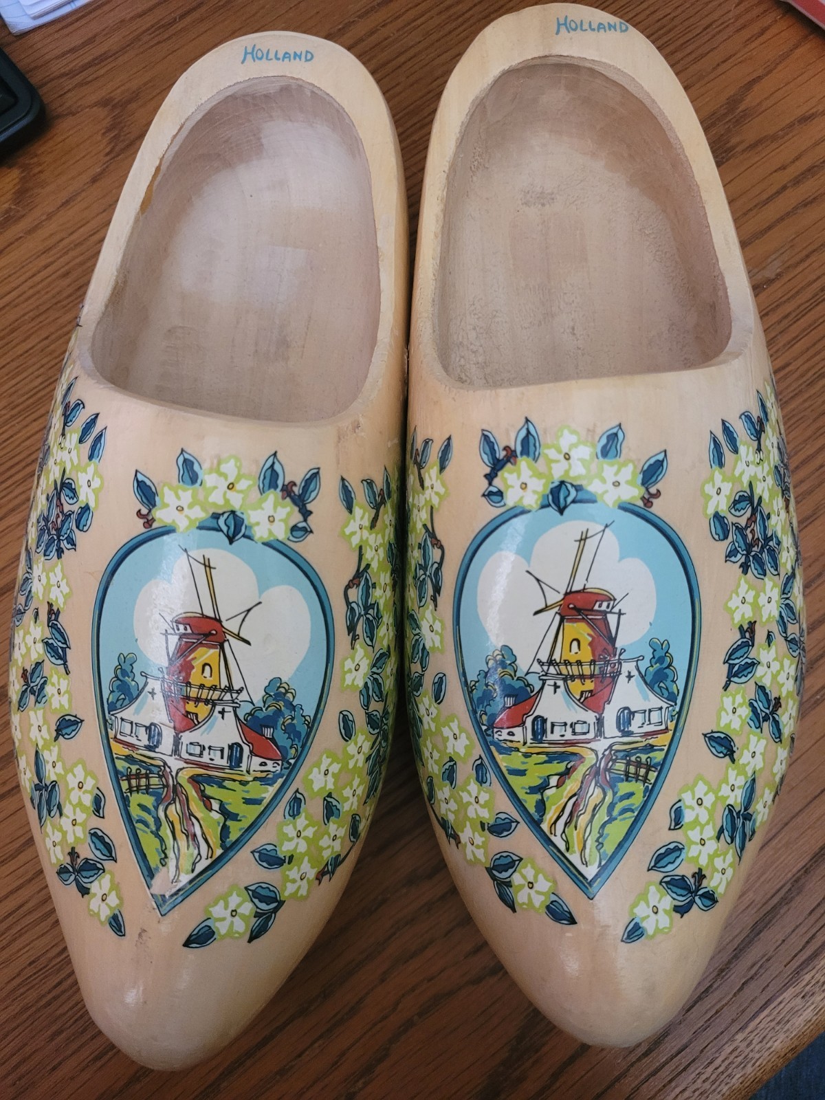 Carved Wooden Dutch Clogs Holland Painted Windmill with Flowers 11 inches