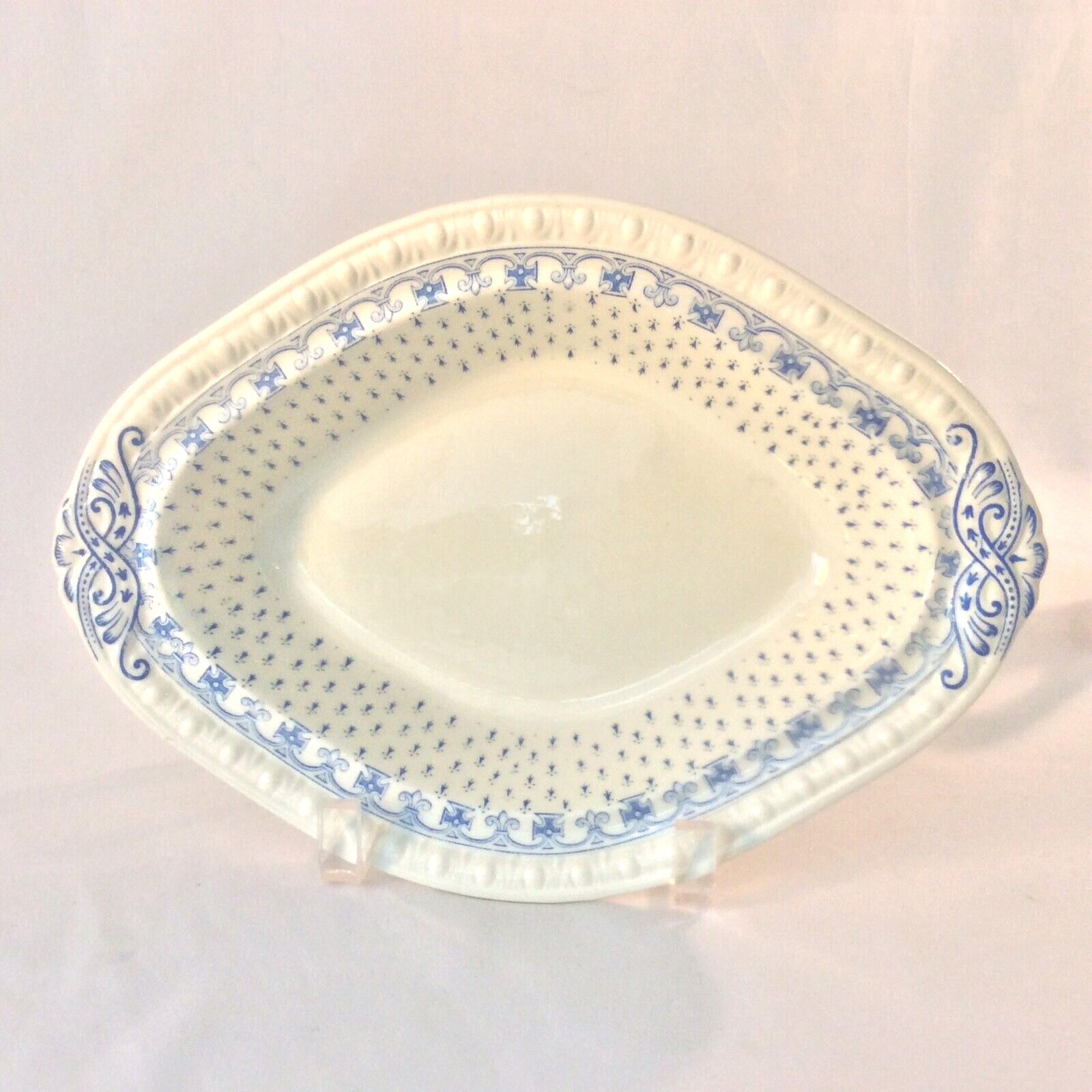 COPELAND SPODE SPODES ERMINE BLU 10″OVAL SERVING BOWL HUGS&KISSES LOVELY!ENGLAND