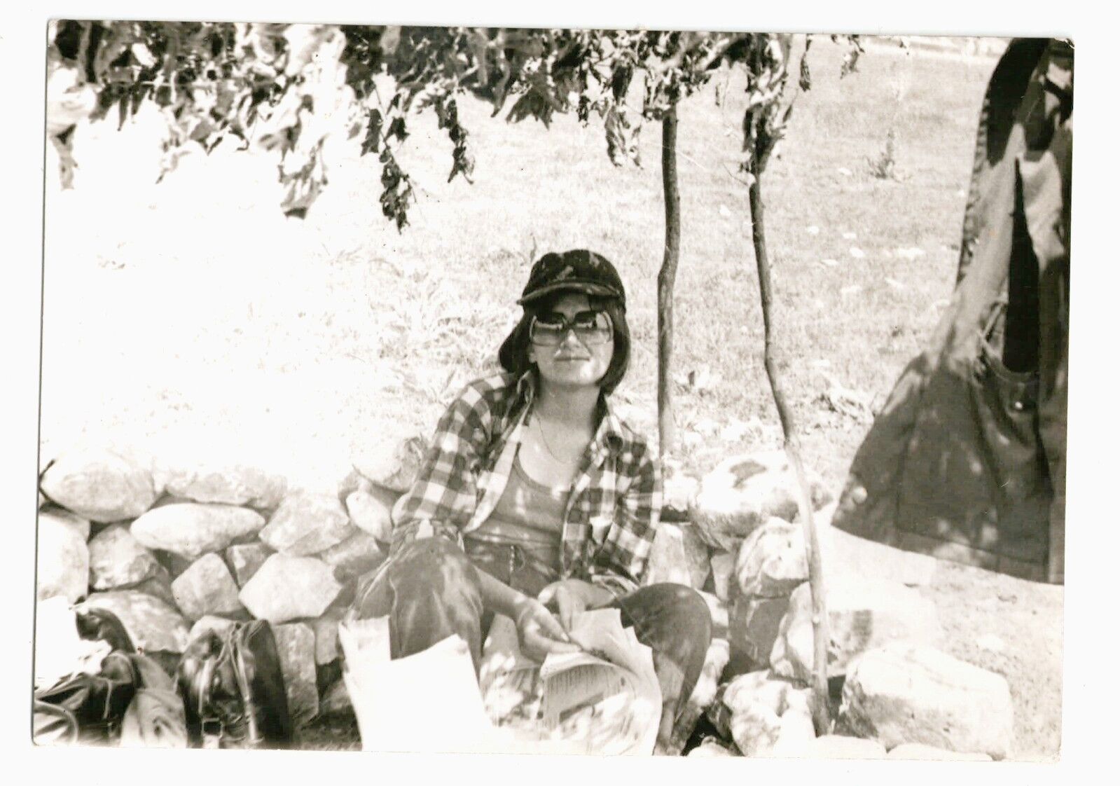 Young Pretty Woman Vintage Photo Cap Sunglasses Tree Stones