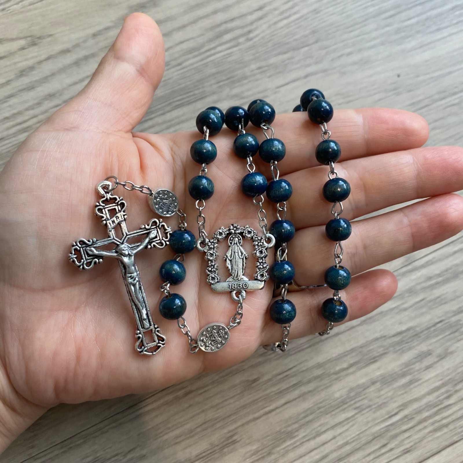 Miraculous Medals Roses Virgin Mary Blue 8mm Wooden Beads Rosary Maria Milagrosa