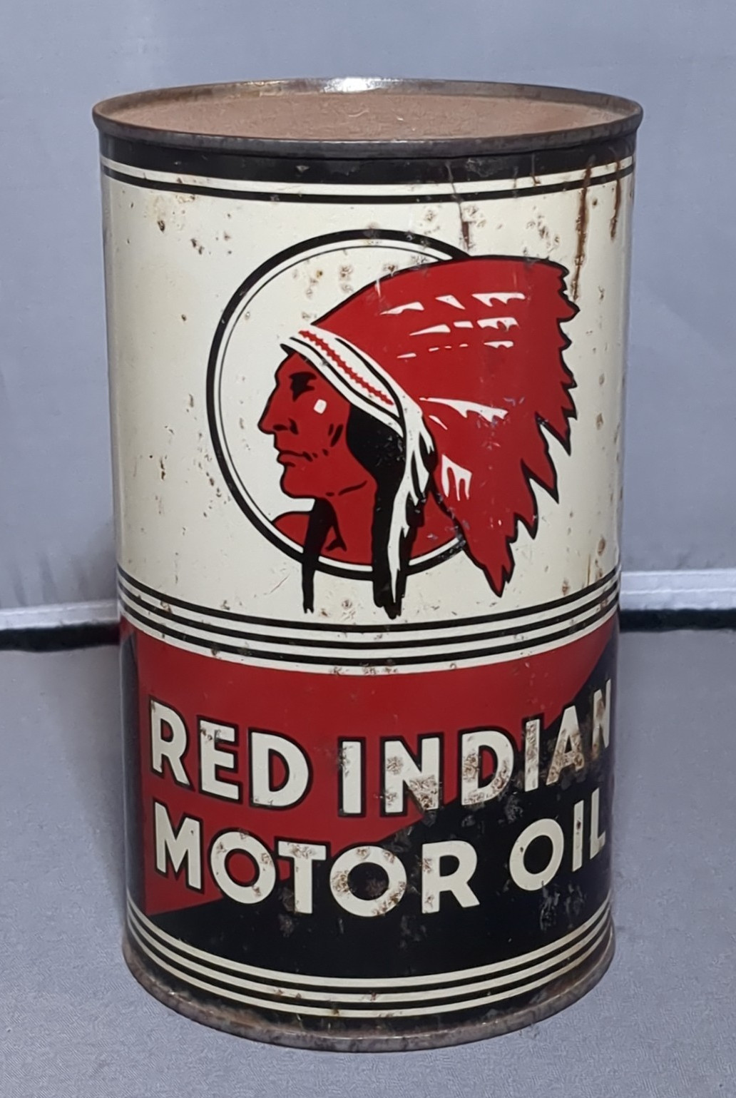 Vintage Red Indian Motor Oil Can Quart 1 Qt. McColl-Frontenac ~7″ Opened Empty