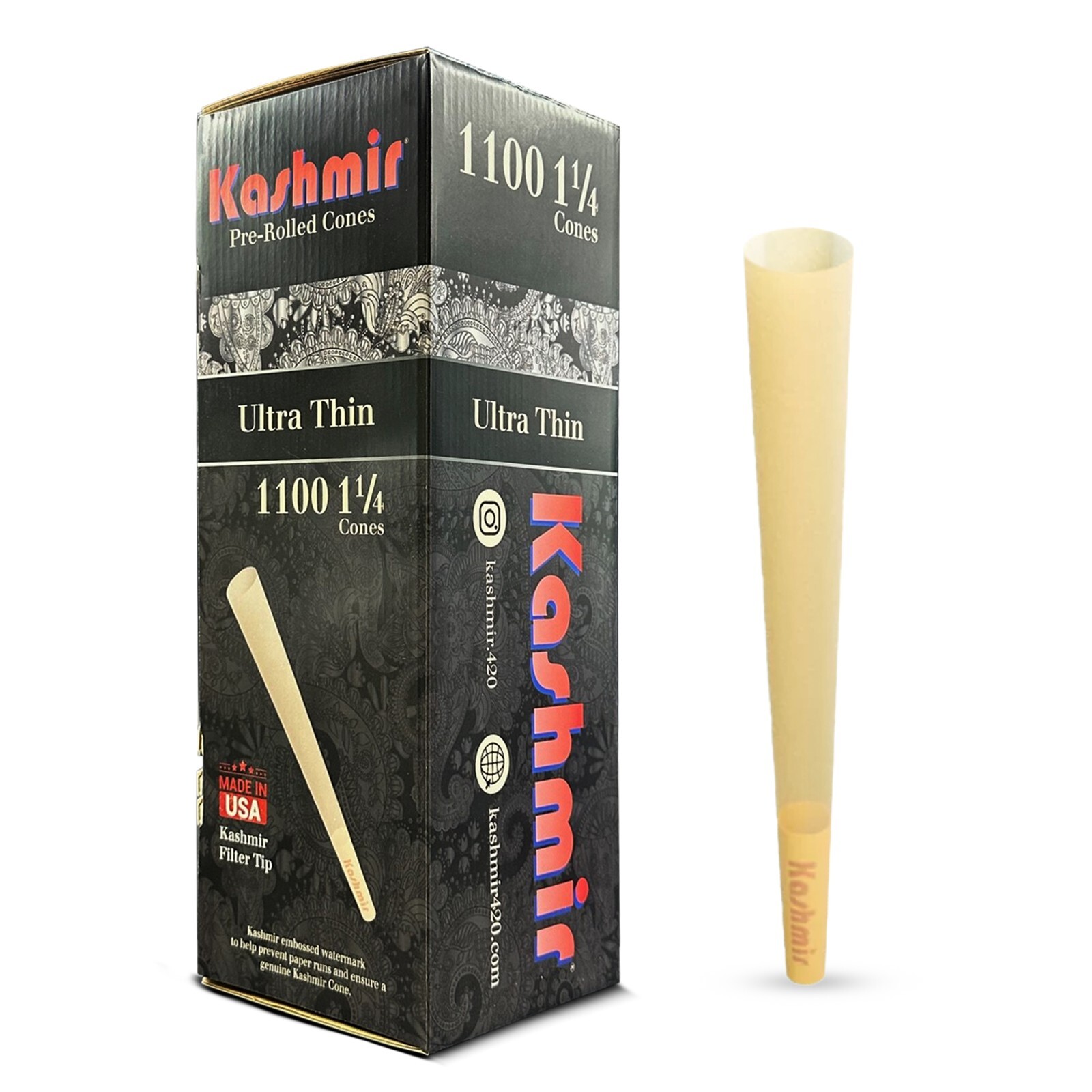 Kashmir Pre Rolled Cones 1-1/4 Bulk Pack Ultra-thin Rolling Paper Cones: 1100 Ct