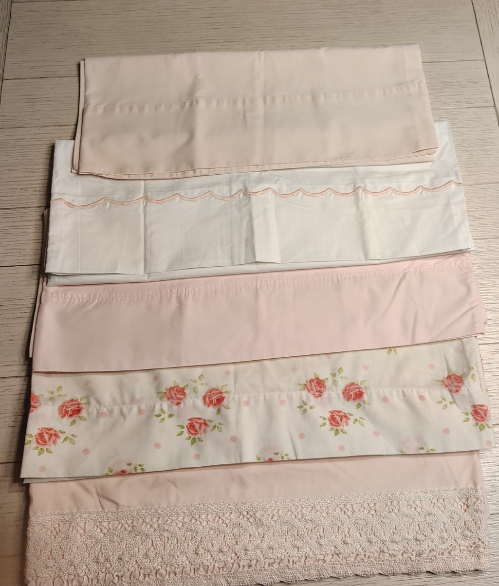 Mixed PINK & White Pillowcases Cottagecore Farmhouse Floral Lace LOT of 5