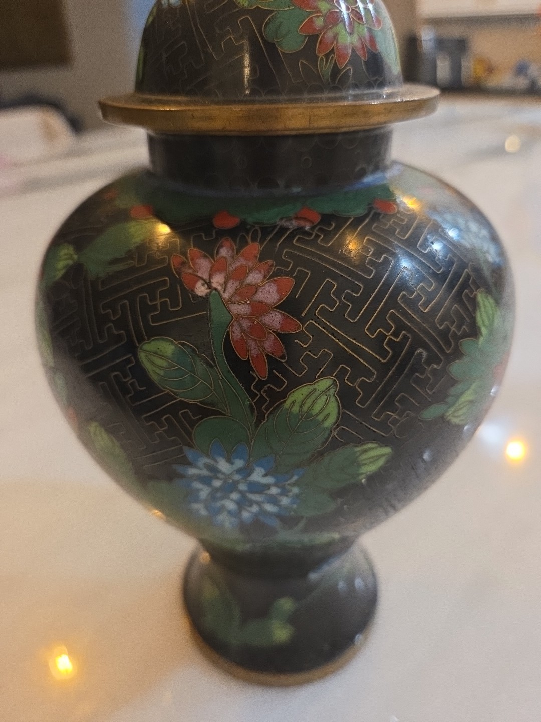 Cloisonne Ginger Jar With Lid, 10 Inches Tall