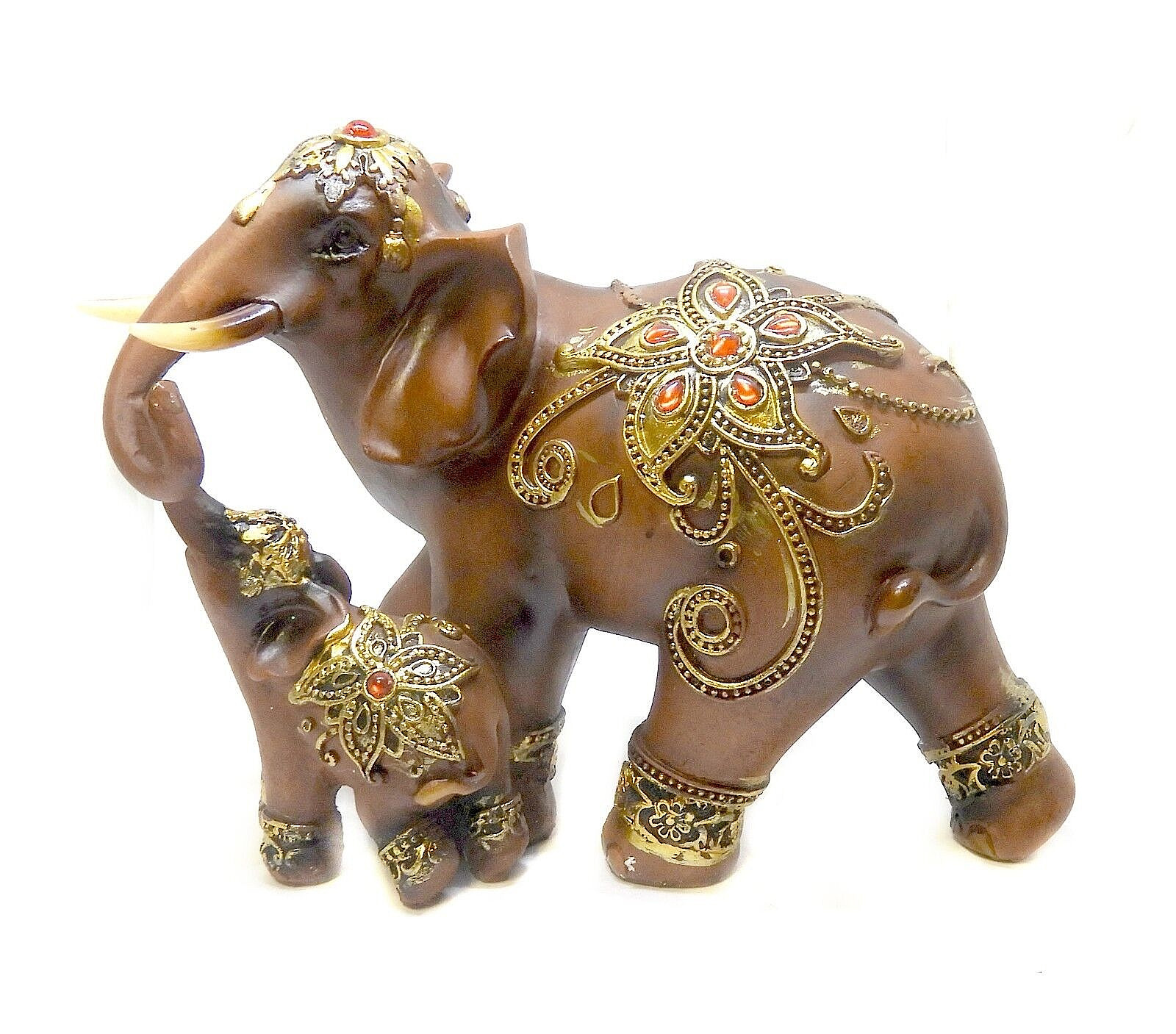 Large Size Mother Elephant With Calf Figurine Faux Wood Finished Resin Feng Shui
