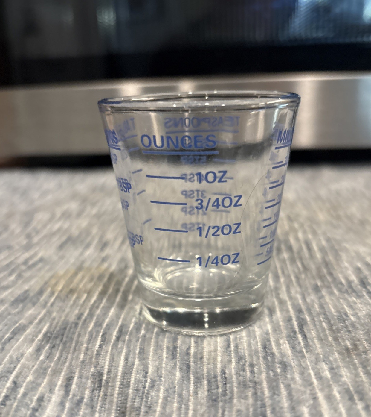 Multi Measure Shot Glass Blue Lettering Teaspoon Tblsp Ounce and ML/ Barware