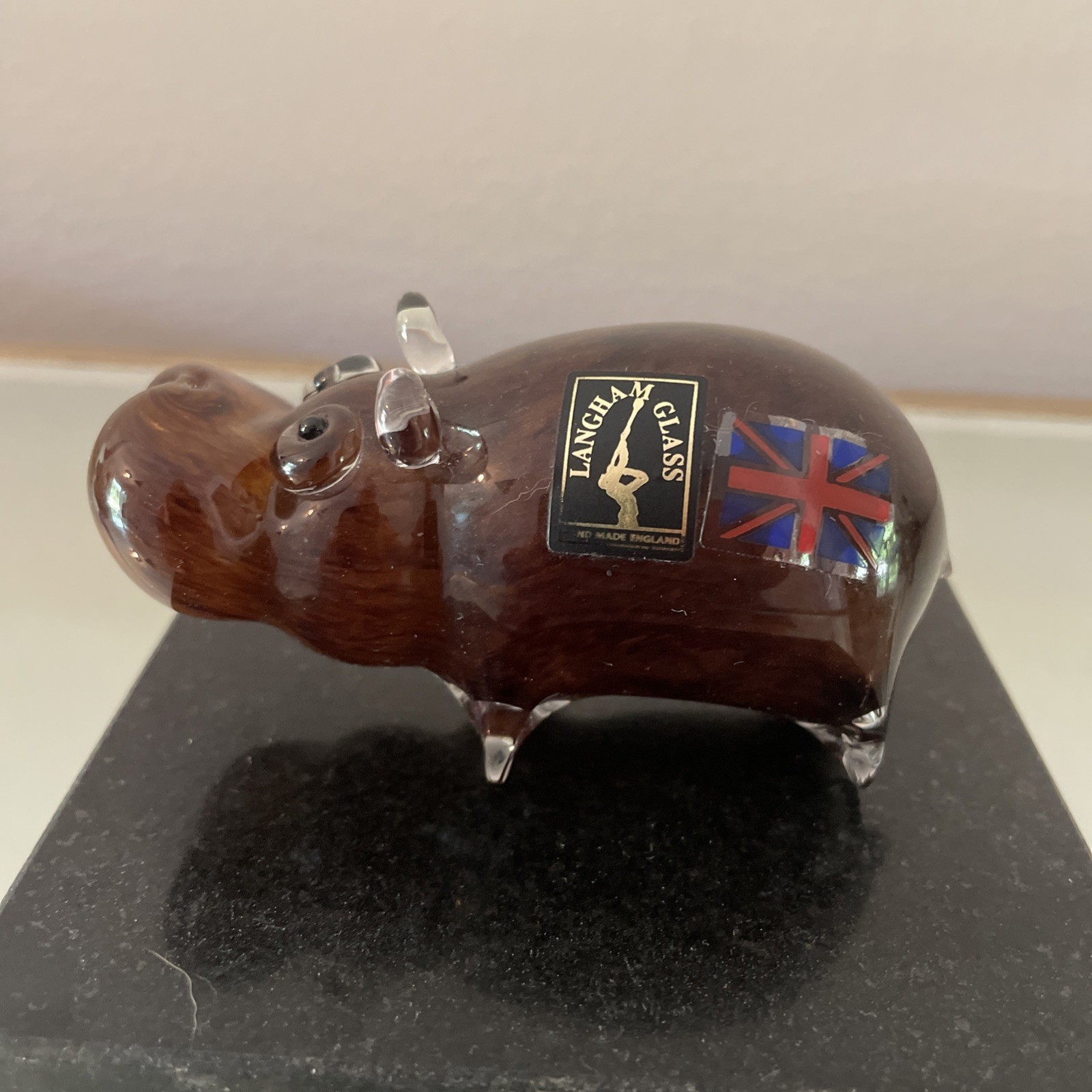Vintage Langham Brown Glass Hippo Sculpture Paperweight Handcrafted England 2×3”